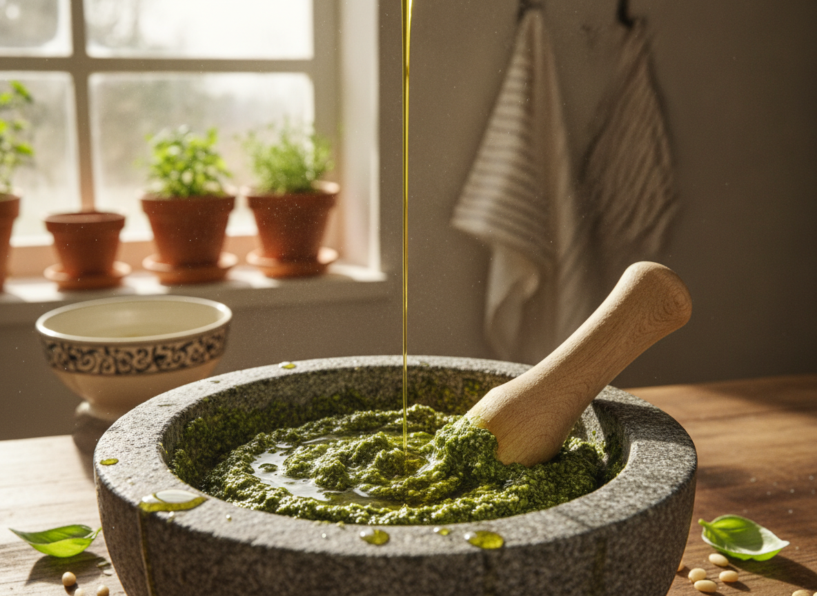 Pesto a la genovesa casero: receta tradicional con mortero 2 Añadiendo el aceite de oliva al pesto poco a poco
