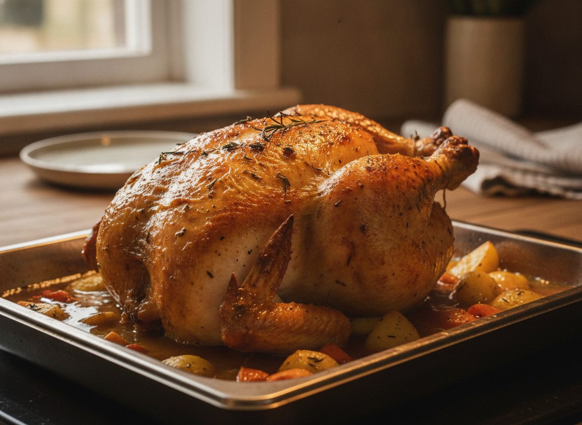 Pollo asado relleno de queso y estragón 8 Pollo asado dorado recién sacado del horno