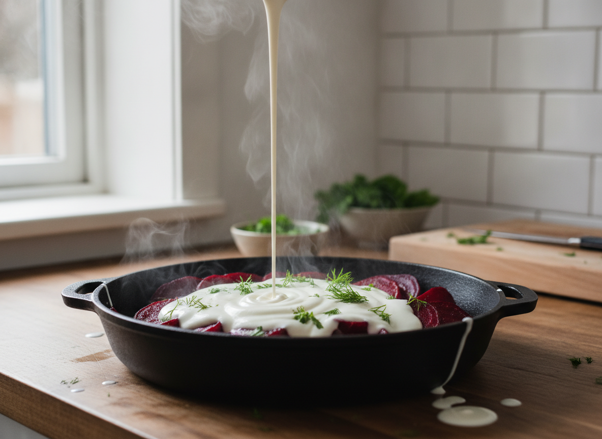 Remolacha a la crema: receta fácil y cremosa 2 Vertiendo la crema de yogur sobre la remolacha en la sartén