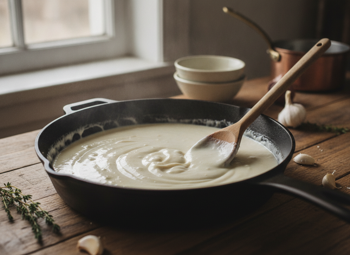 Solomillo de cerdo ibérico en crema de leche y ajos confitados 2 Reduciendo la crema de leche con ajo para el solomillo ibérico