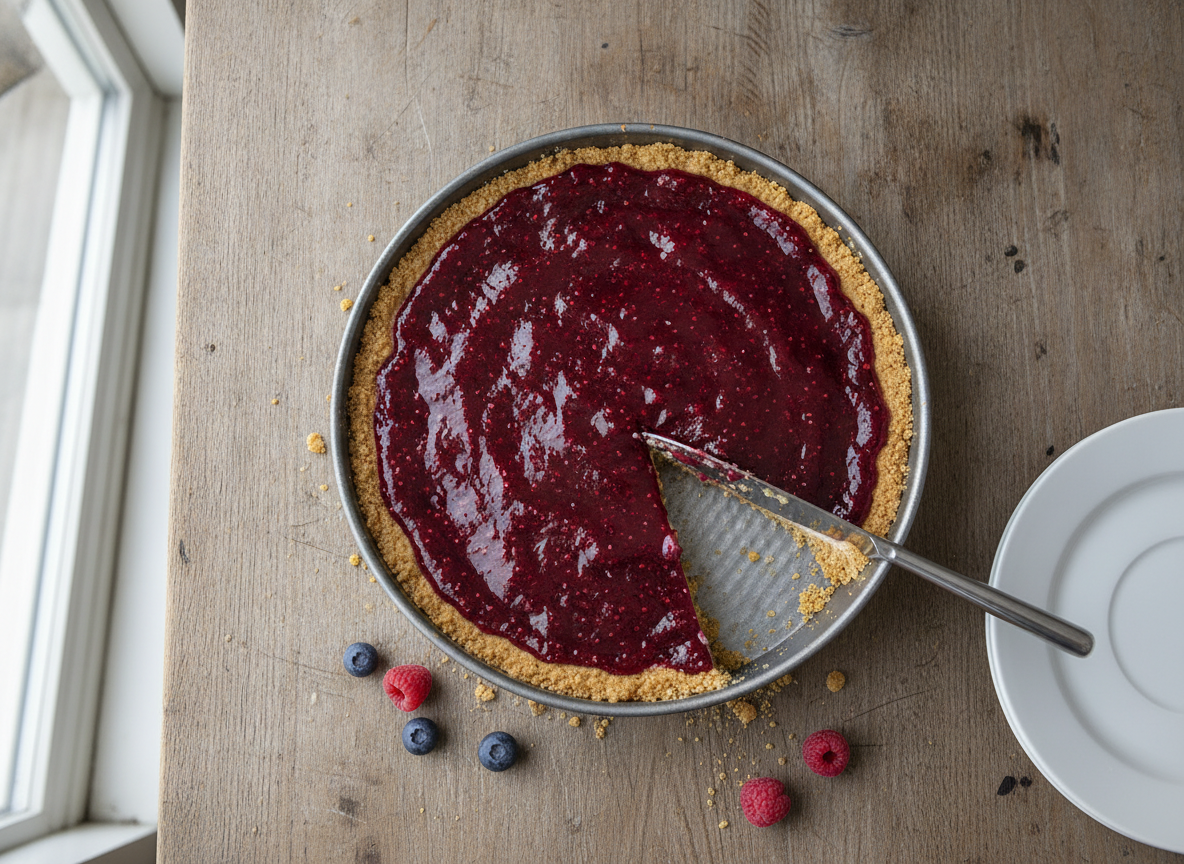 Tarta fría de yogur de soja sin horno: receta vegana fácil 2 Tarta fría de yogur terminada con cobertura de mermelada de frutos rojos