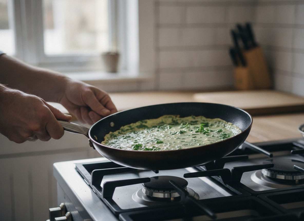 Tortilla verde cuajándose despacio en la sartén