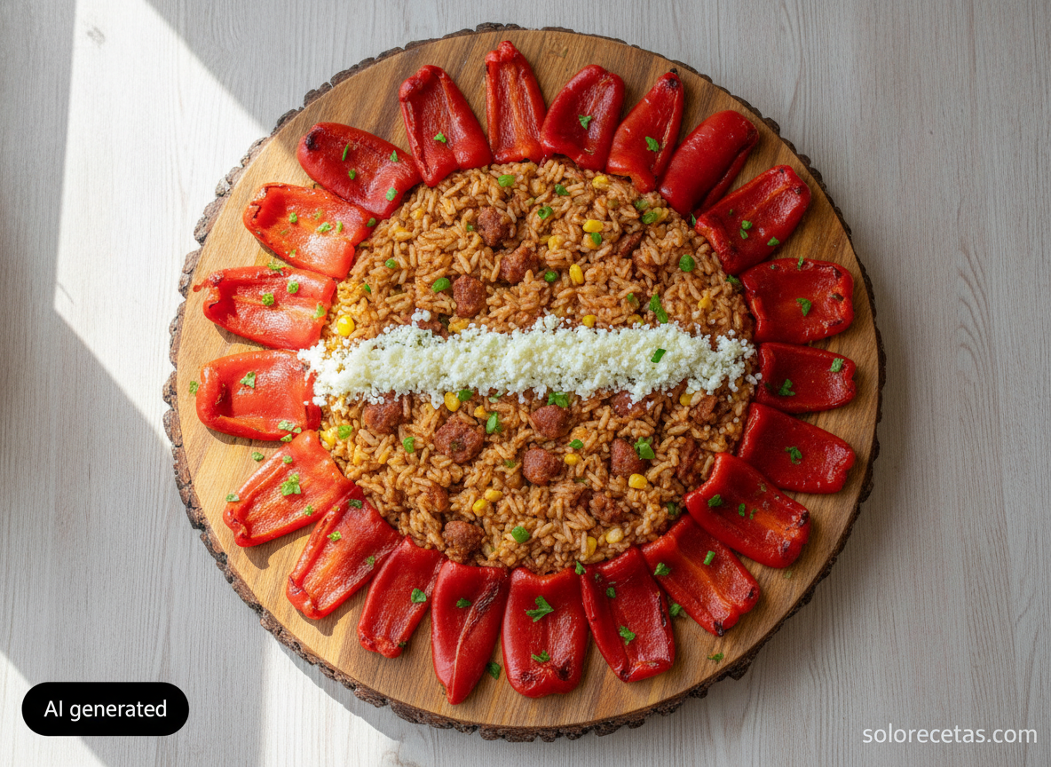 Arroz frito con chorizo emplatado con huevo duro rallado y pimientos de piquillo
