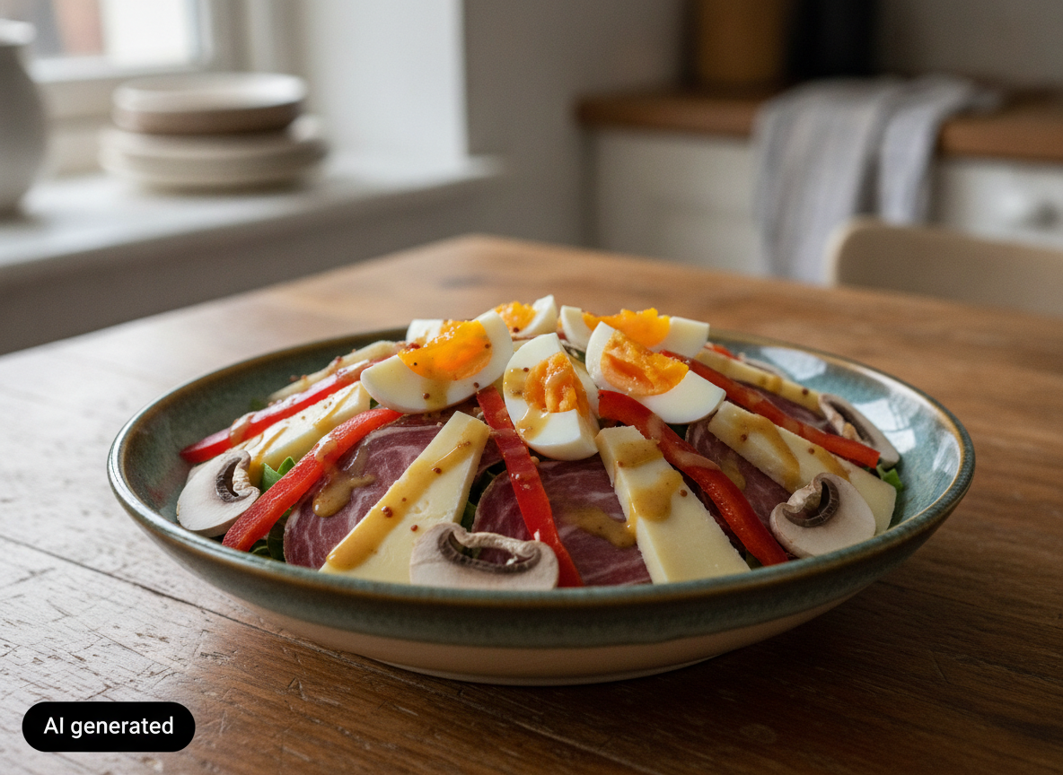 Ensalada de jabalí con queso terminada y decorada con huevo duro