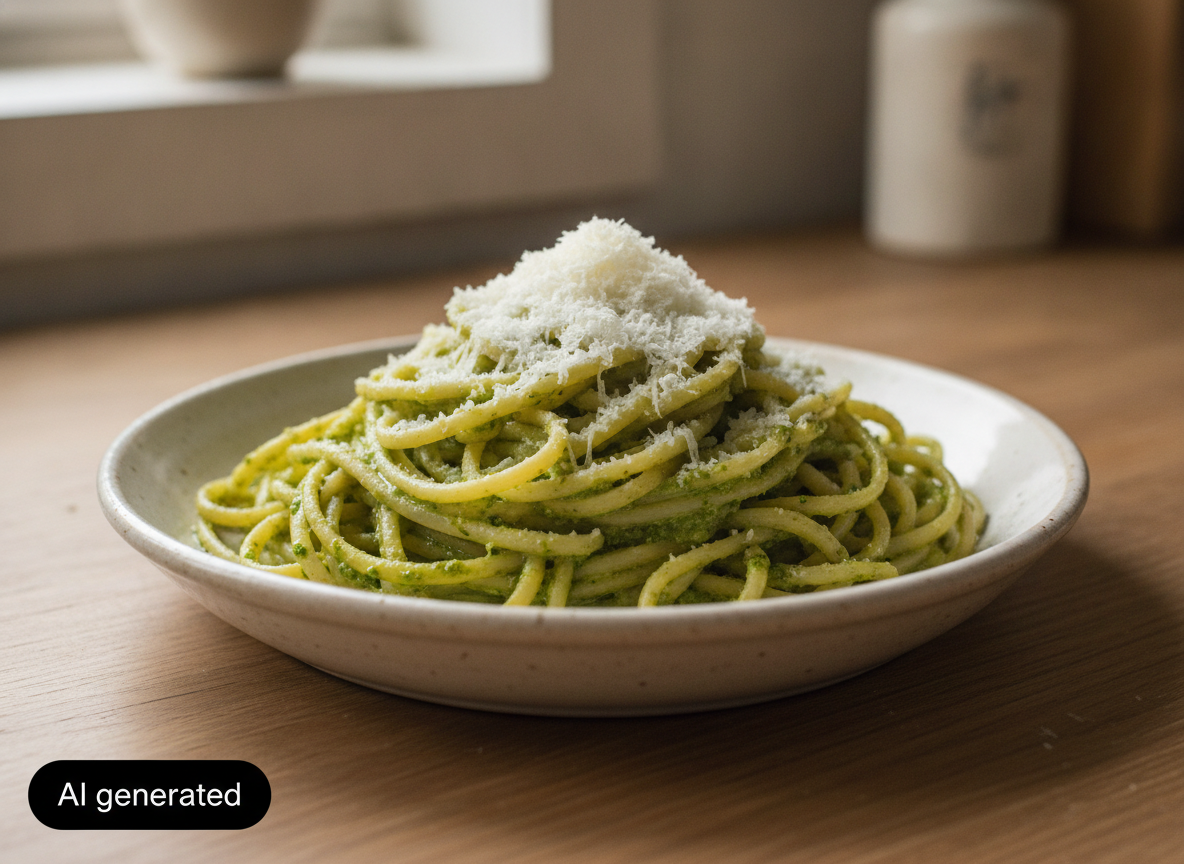 Fideos con pesto rápido de nueces y parmesano 2 Fideos con pesto de nueces y parmesano servidos en un plato