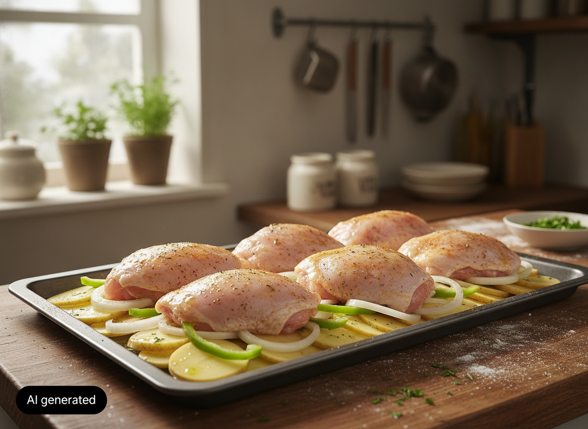 Placa de horno con patatas cebolla y pimiento antes de hornear