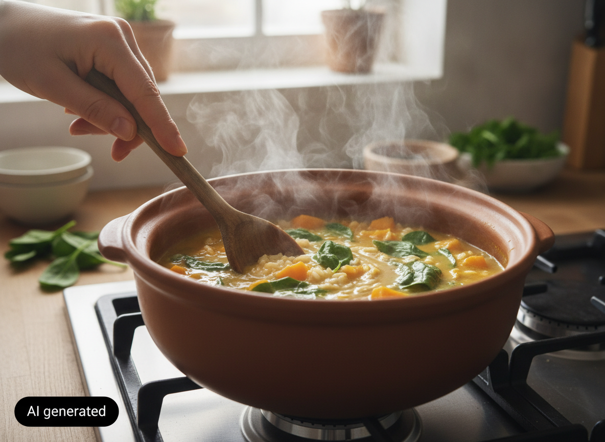 Sopa de calabaza con arroz: receta casera fácil y reconfortante 10 Sopa de calabaza con arroz cociéndose en la cazuela
