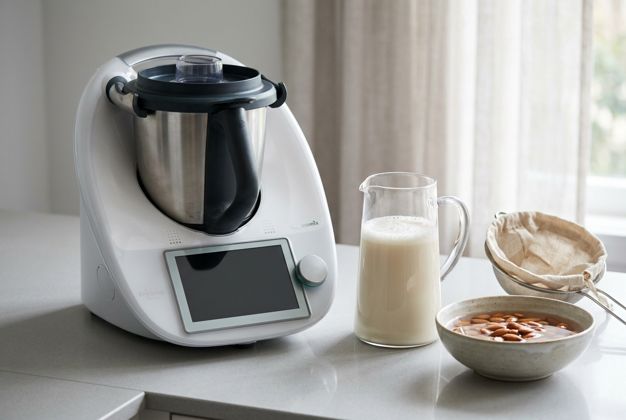 Robot de cocina Thermomix junto a una jarra de leche de almendras y almendras remojadas en una cocina moderna y luminosa.
