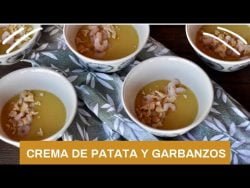 Crema de patata y garbanzos con gambitas