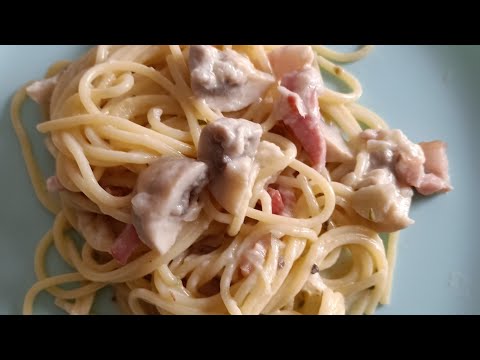Espaguetis con champiñones y bacon, fácil y rico con Thermomix