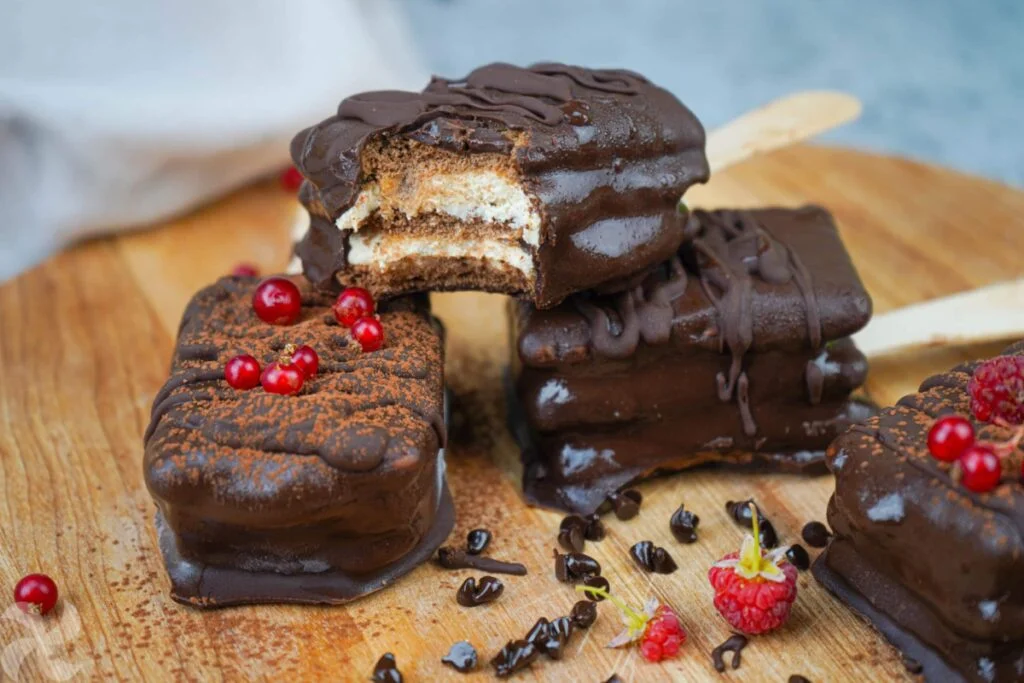 Helados de galleta con chocolate y crema de queso al caramelo