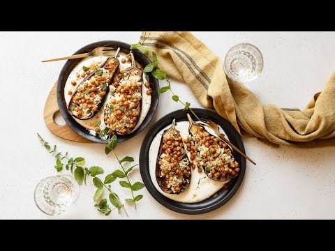 Aubergines et pois chiches rôtis, boulgour & crème de feta au Thermomix