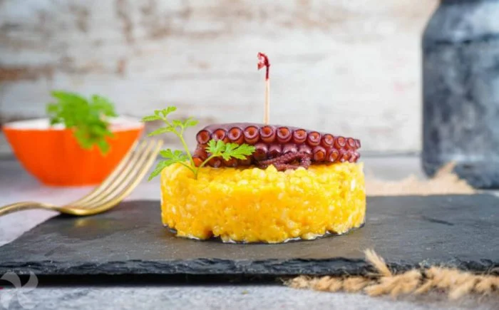 Risotto de calabaza y queso de cabra con Pulpo