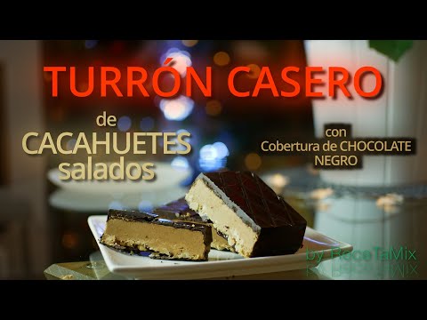 Turrón casero de cacahuetes y cobertura de chocolate negro (en Thermomix).