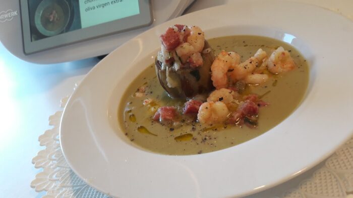 ALCHACHOFAS en su crema con JAMÓN y GAMBAS.Con Thermomix de ThermoMAQUINITA
