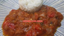 Pisto de berenjena, con guarnición de arroz blanco, con Thermomix