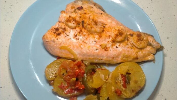 Salmón con gambas en freidora de aire / horno de aire / Mediterranean cuisine