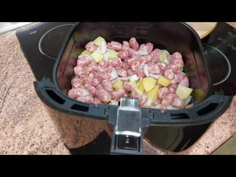 Longanizas,patatas y cebolla en la freidora de aire#airflyer#aigostar#sausages#potatoes#onion#comid