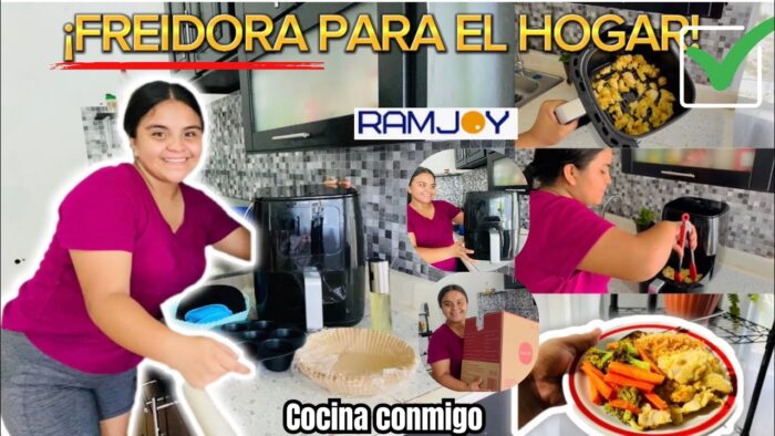 PROBANDO FREIDORA DE AIRE✅RAMJOY Air frayer✨cocina conmigo🍗🥦muy feliz mi primera colaboración/Ade