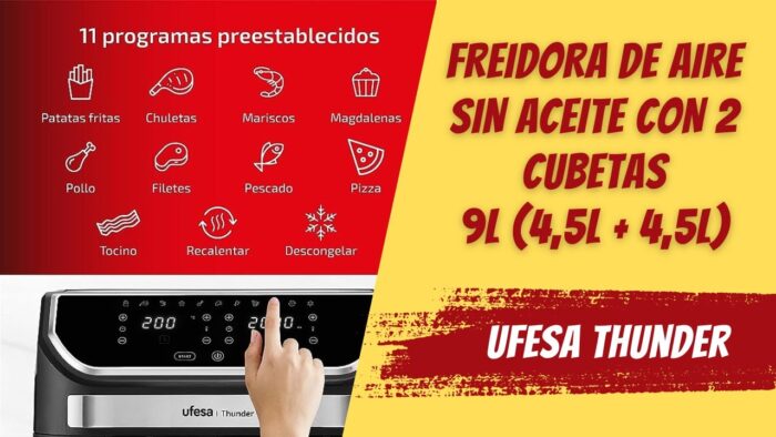 Ufesa Thunder Freidora de Aire sin Aceite con 2 Cubetas, 9L (4,5L + 4,5L), 1700W, Control Digital