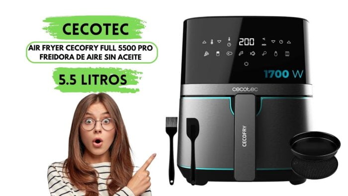 CECOTEC AIR FRYER CECOFRY FULL INOX BLACK 5500 PRO Freidora de Aire sin Aceite de 5,5 L ‐