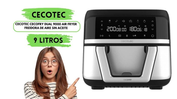 CECOTEC CECOFRY DUAL 9000 AIR FRYER Freidora de Aire sin Aceite de 9 L 2850 W, Digital y Compacta, T
