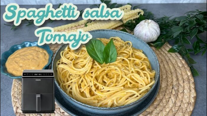 Espaguetis con salsa Tomajo preparada en la freidora de aire