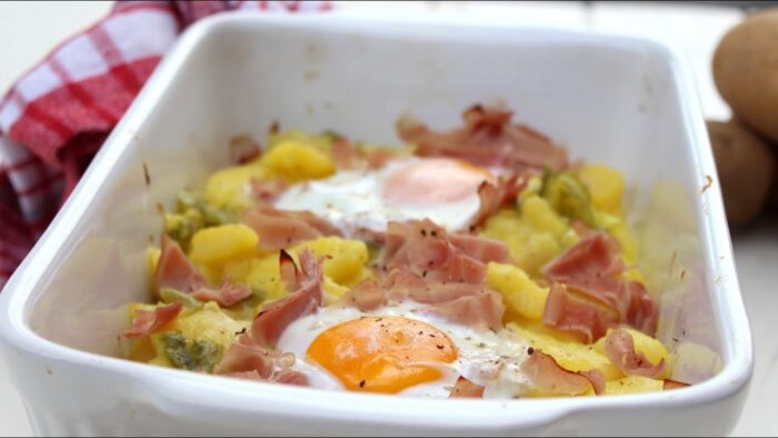 Patatas a lo pobre con jamón york y huevo en Thermomix