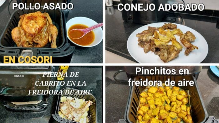 🎄4 RECETAS EN FREIDORA DE AIRE, POLLO ASADO, PIERNA DE CABRITO, CONEJO ADOBADO Y PINCHOS😋🎅