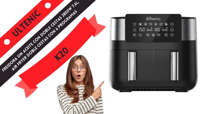 Ultenic K20 Freidora sin Aceite con Doble Cestas 2850W, Freidora de Aire 7,6L