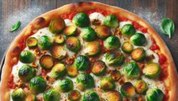 Pizza de coles de Bruselas con queso de cabra y cebolla caramelizada