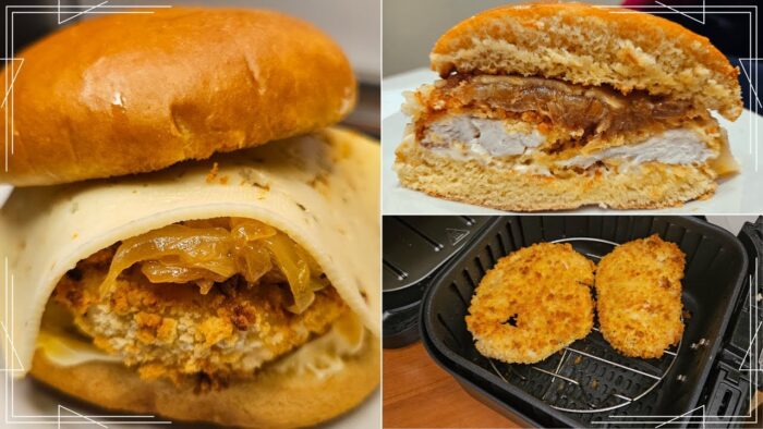 HAMBURGUESA de POLLO CRUJIENTE * en FREIDORA DE AIRE * con CEBOLLA CARAMELIZADA #freidoradeaire