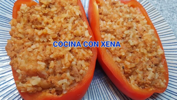 Pimientos rellenos de arroz con carne, en Varoma, con Thermomix