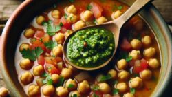 Sopa de invierno de garbanzos tostados con pesto de cilantro
