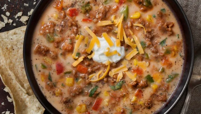 Sopa de pimiento rojo asado con queso de cabra