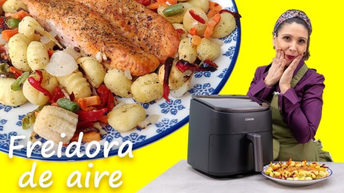 ✅ SALMÓN 🐟con GNOCCHIS y VERDURAS en #freidoradeaire / Almuerzo rico en 15 minutos #Cosori