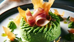 Mousse de espárragos trigueros con jamón serrano y crujiente de parmesano