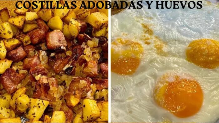 COSTILLAS ADOBADAS CON PATATAS 🥔 AJO 🧄 y PEREJIL 🌿 y HUEVOS 🍳 FRITOS CON FREIDORA DE AIRE!!