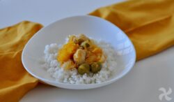 Pollo encebollado a la naranja, con arroz blanco
