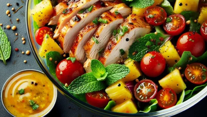 Ensalada de pollo a la parrilla con piña asada y menta fresca