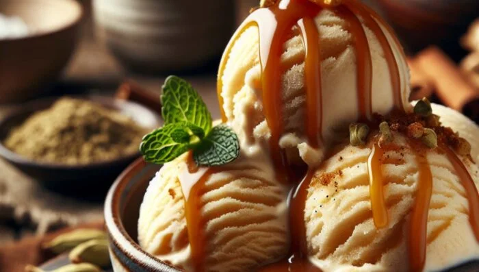 Helado de jengibre y cardamomo con salsa de caramelo salado
