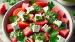 Ensaladas de verano: tomate, sandía, queso feta y salsa de cilantro