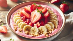 Smoothie bowl de fresas y plátano con granola para el calor del verano