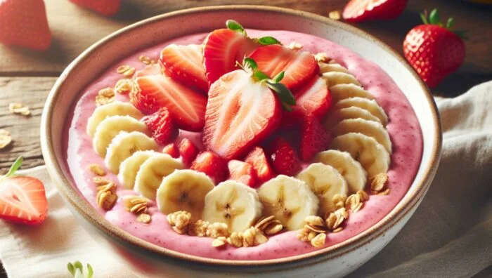 Smoothie bowl de fresas y plátano con granola para el calor del verano