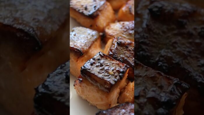 Air Fryer Miso Soy Garlic Salmon Bites. Quick and easy recipe #airfryer #asmrcooking #salmon