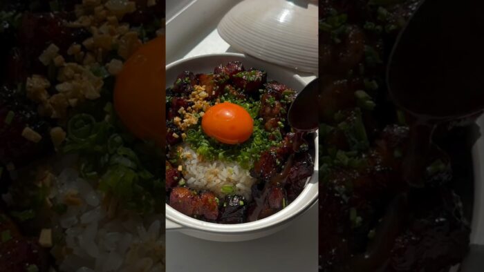Air fryer sticky soy pork belly bites +  garlic fried rice #food #recipe #porkbelly #friedrice