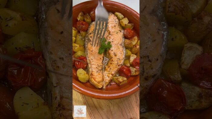 SALMÓN CON GUARNICIÓN DE PATATAS Y CHERRYS EN FREIDORA DE AIRE #airfryer #recetasairfryer #recetas