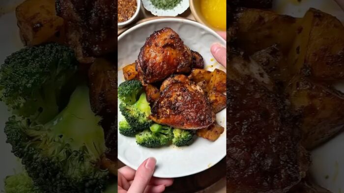 Muslos de pollo crujientes en freidora de aire con patatas y brócoli | Receta fácil para una cena