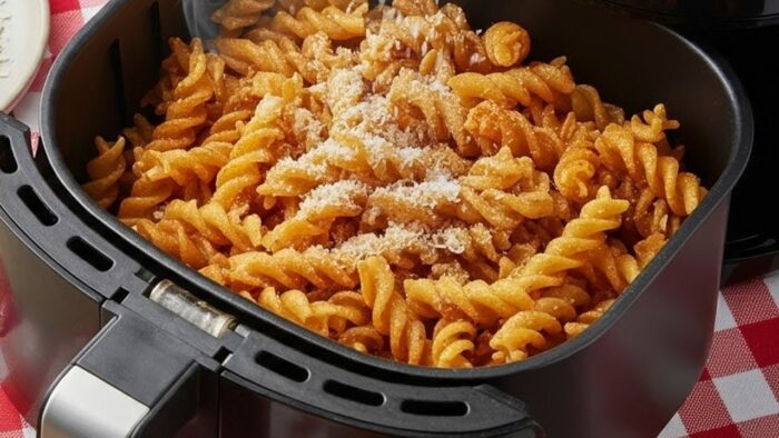 Chips de pasta fusilli en freidora de aire: cubierta crujiente de parmesano, receta fácil para fr…