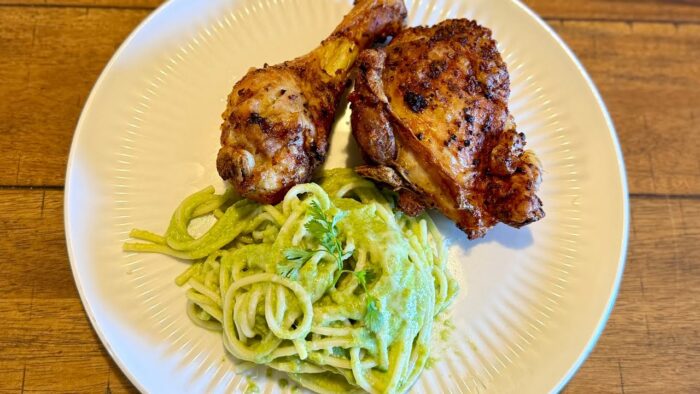 Spaghetti verde de chile poblano| pollo en  la freidora de aire